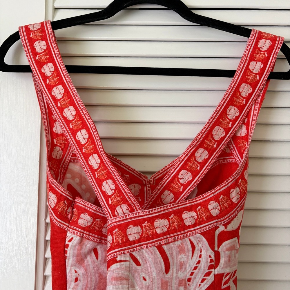 Farm Rio Vermillion Monstera Print 100% Linen Mini Dress Button Front Sz XS - Picture 5 of 13
